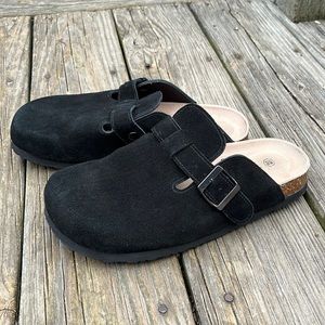Black suede clogs